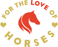 Text stating 'for the love of horses' surrounding a red silhouette horse head.
