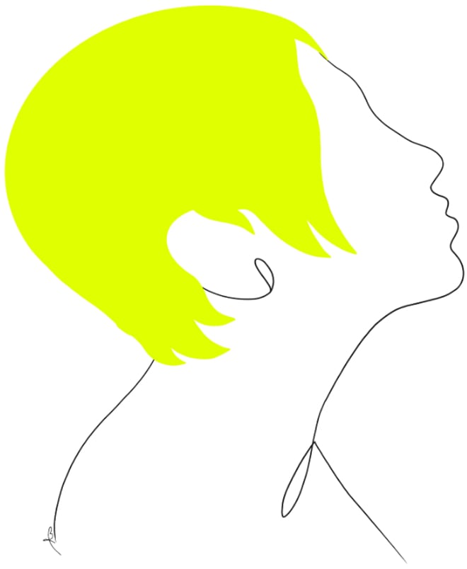 Minimalist line drawing of a person in profile with bright yellow hair, head tilted upward, on a white background.